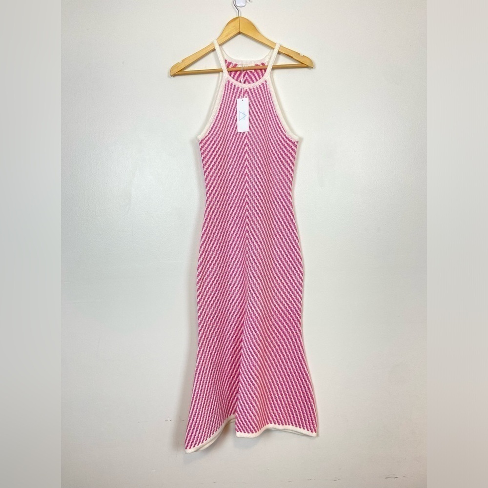 NWT SAGE THE LABEL PINK La Lisa Slit Front Chevron Knit High Neck Dress In PINK